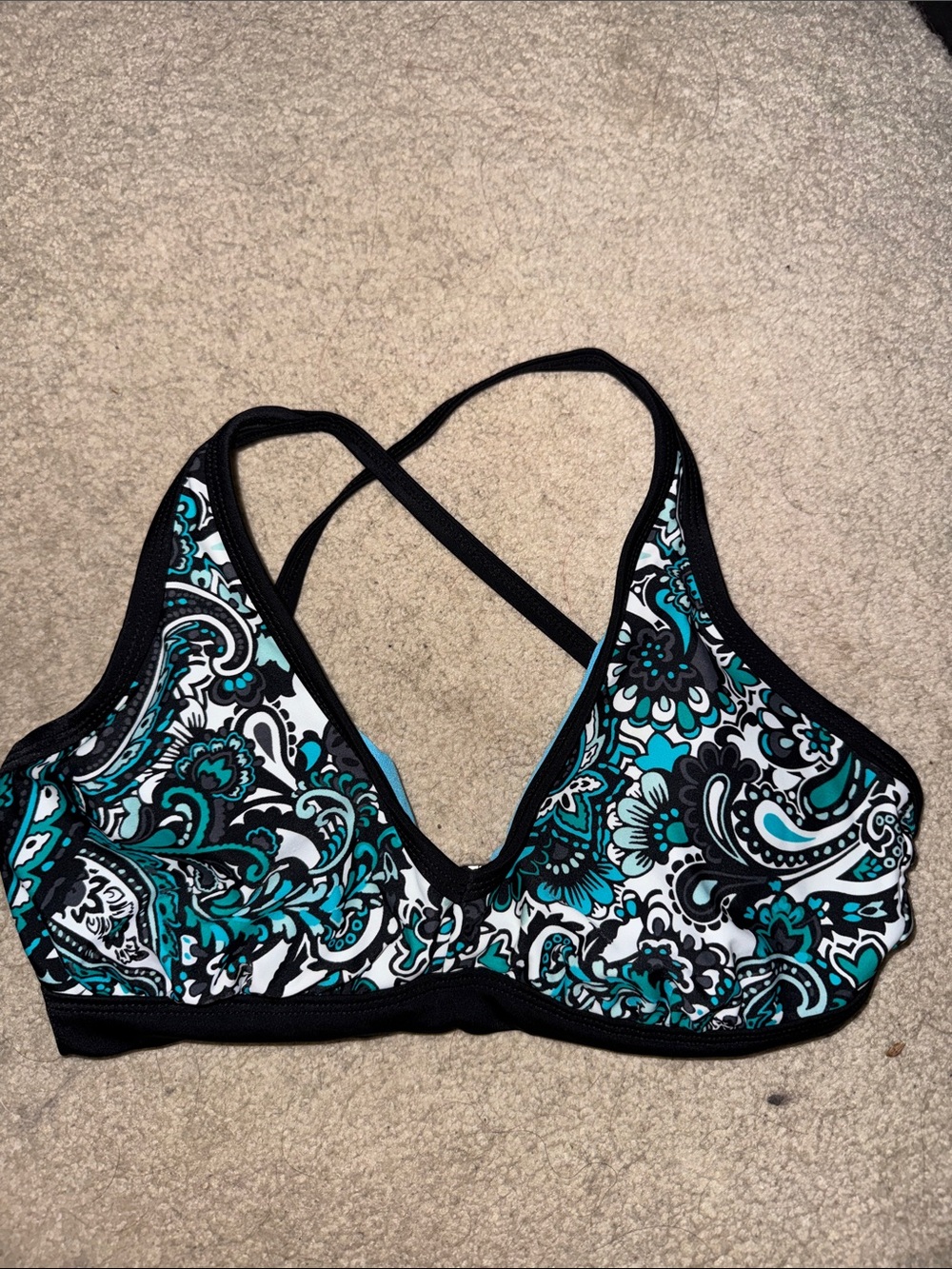 Floral Paisley Strappy Sports Bra/Bikini top- Teal, Black & White